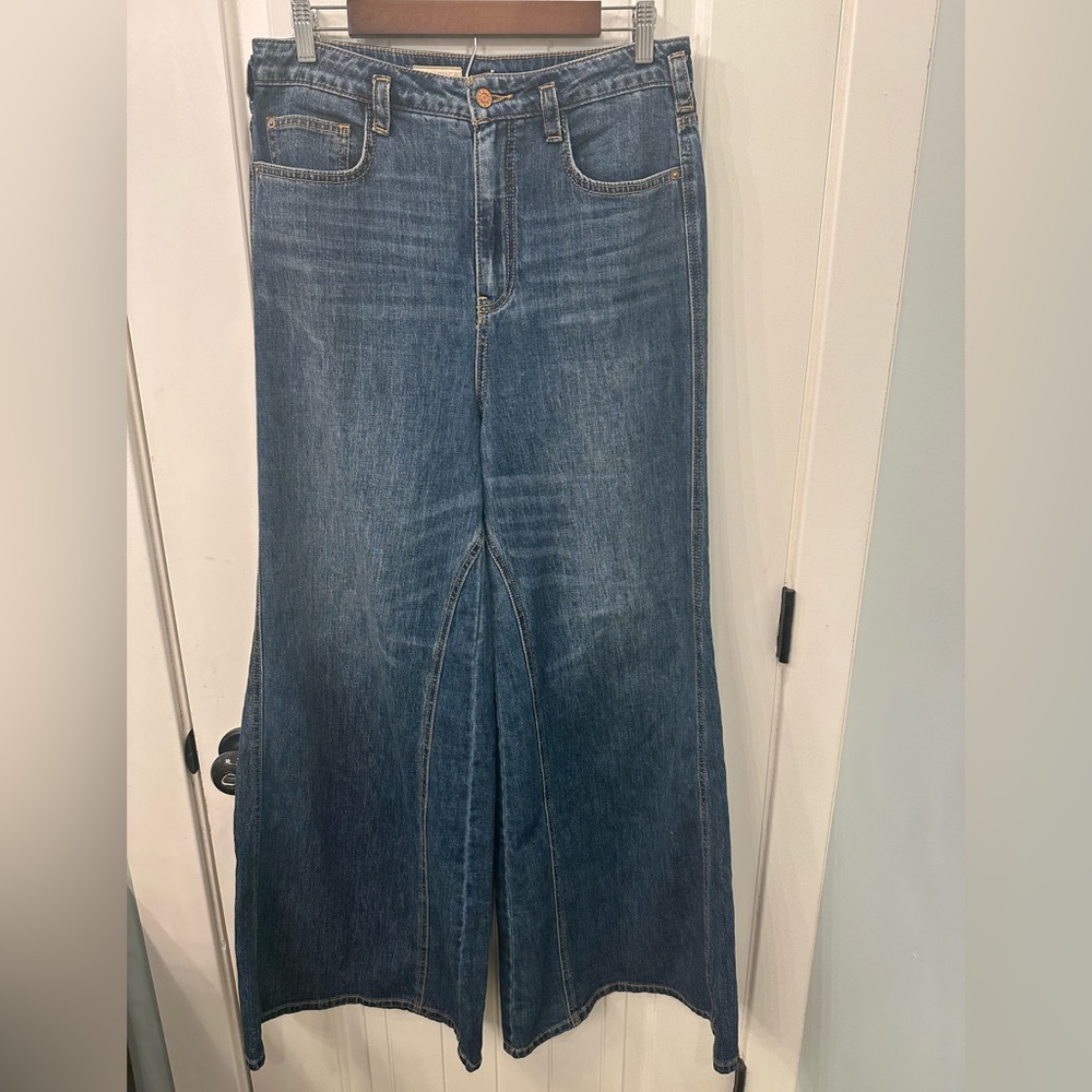 Pilcro Wide Leg Flare Jeans in Medium Wash Blue